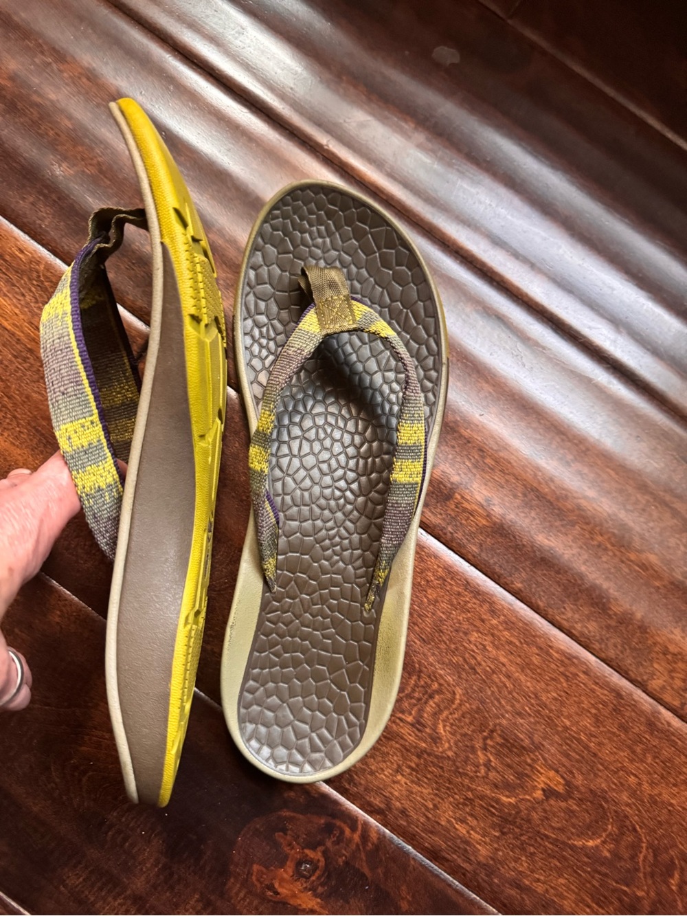 Chaco Women's Olive Brown Flip Flop Sandals with Yellow Stripes